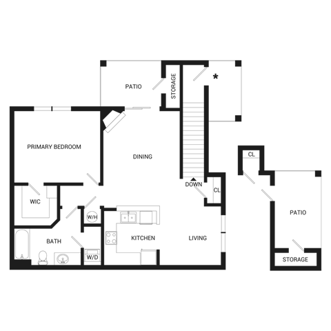 Floor plan for 1 bed, 1 bath, 930 sqft